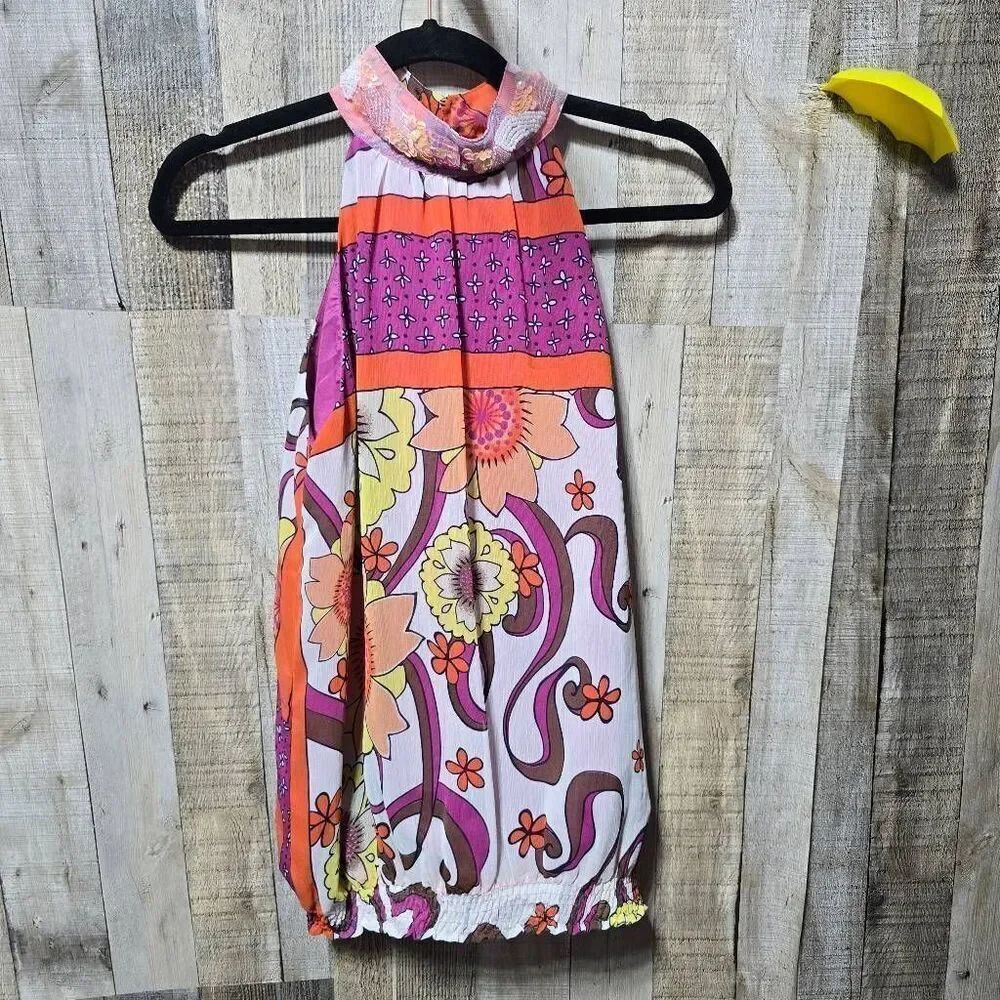 Kaelyn-Max Vintage Y2K Multicolor Beaded Halter Chiffon Blouse Retro Colorful